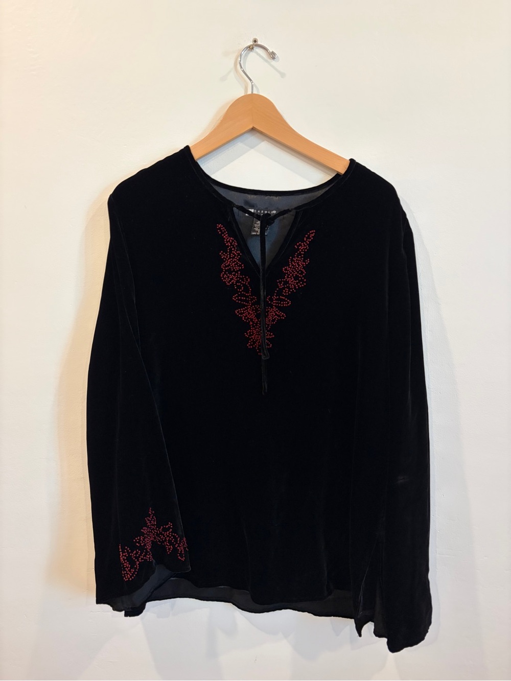 Carole Little Black Velvet Tunic with Red Bead Embroidery